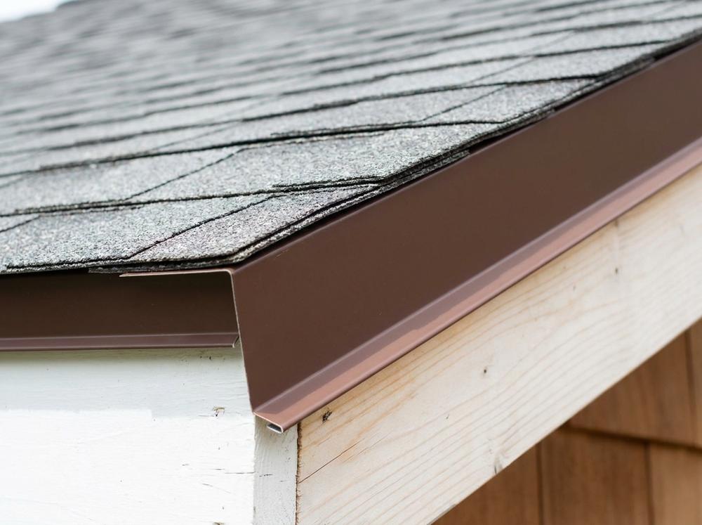Metal drip edge flashing running along the rake edge of a shingle roof