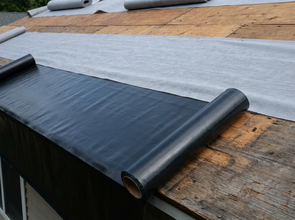Self-adhering ice and water membrane rolled across a roof deck at the eave