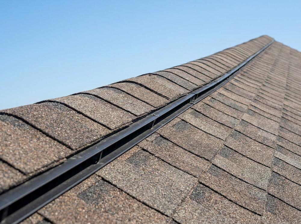 Continuous ridge vent running along the peak of a shingle roof under ridge cap shingles