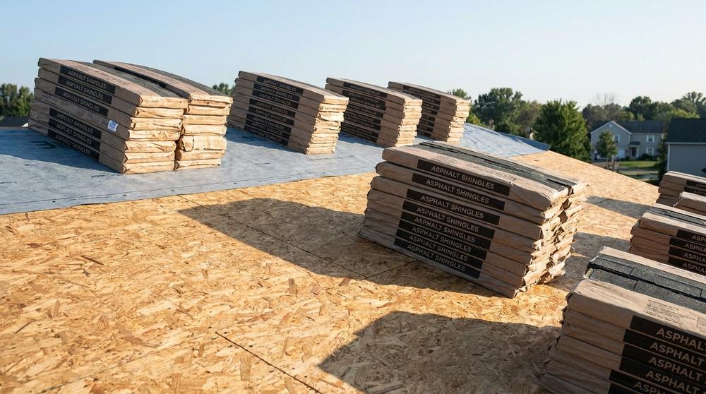 Bundles of asphalt shingles stacked on a bare roof deck