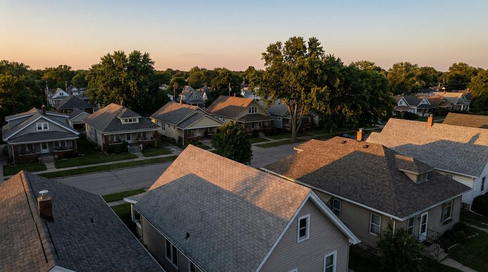American suburban rooflines at golden hour