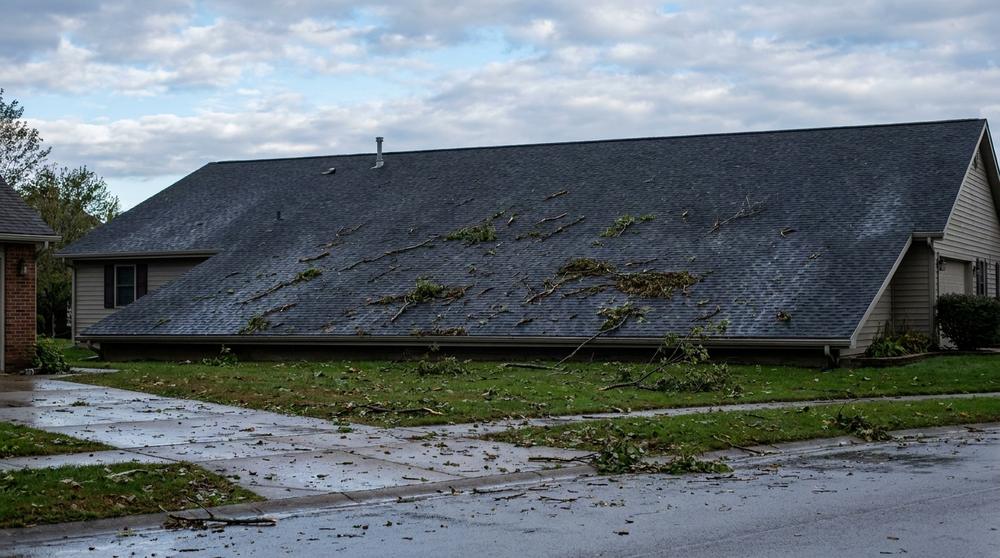 Residential roof and yard with scattered branches after a storm
