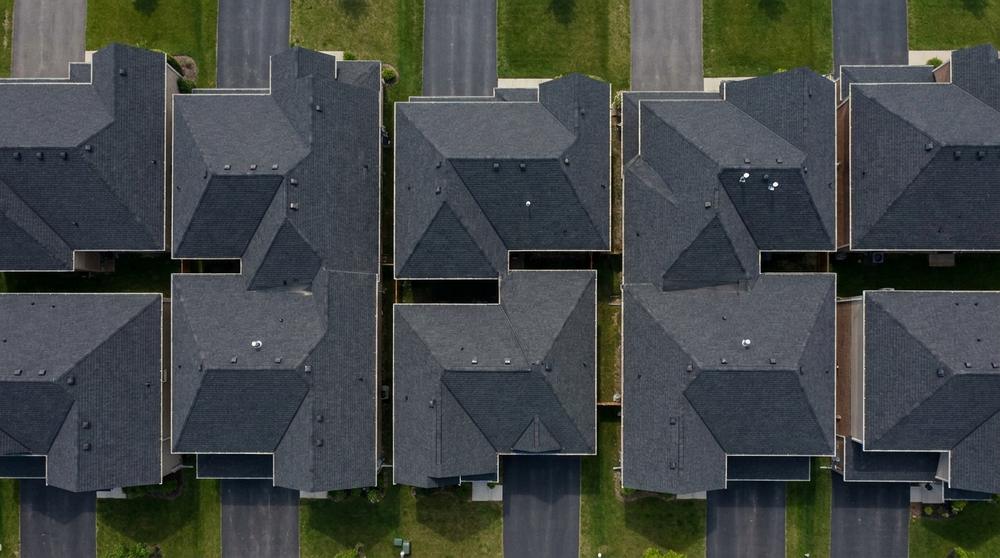 Overhead view of residential roofs