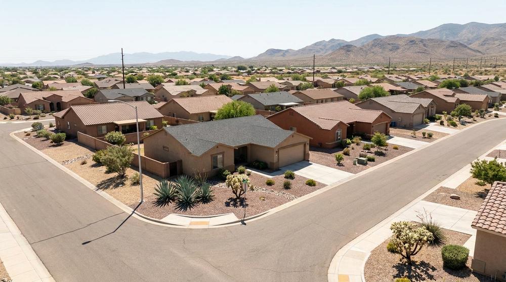 Southwestern rooftops under hard sun