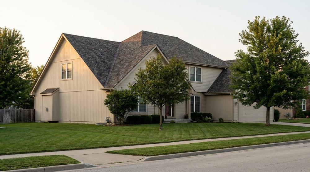 A single American home, three-quarter view