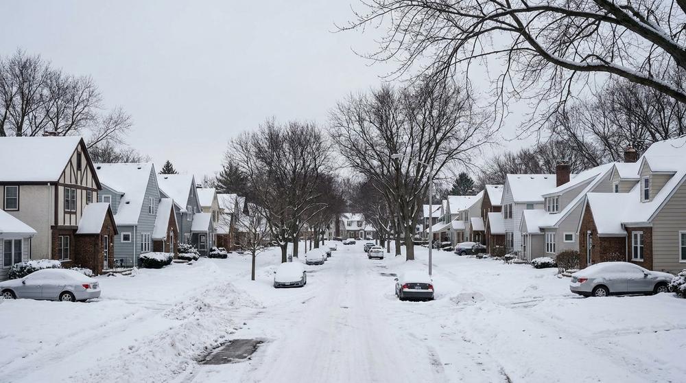 Snow-covered roofs in a northern neighborhood