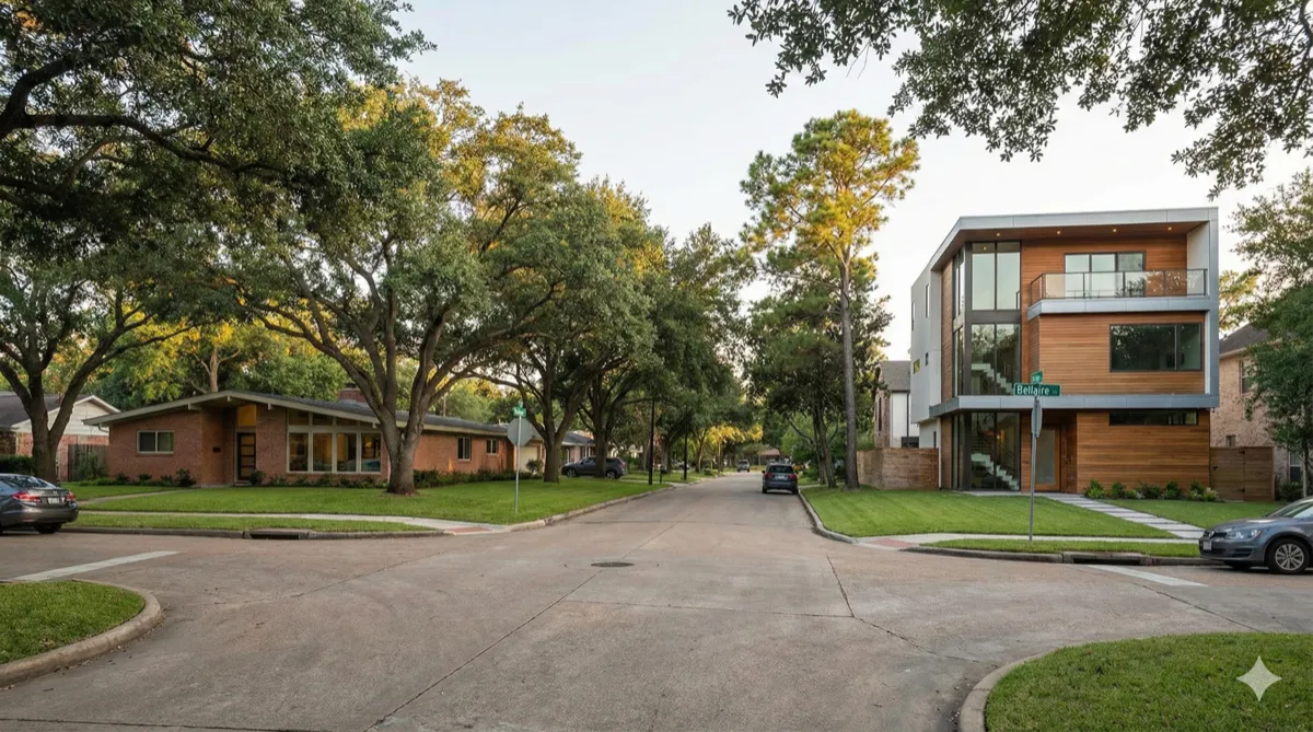 Bellaire, Texas residential neighborhood with modern and mid-century homes