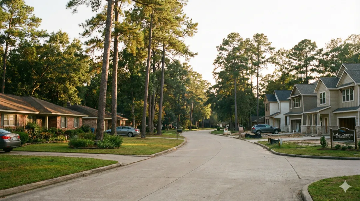 Conroe, Texas residential street with homes and tall pine trees