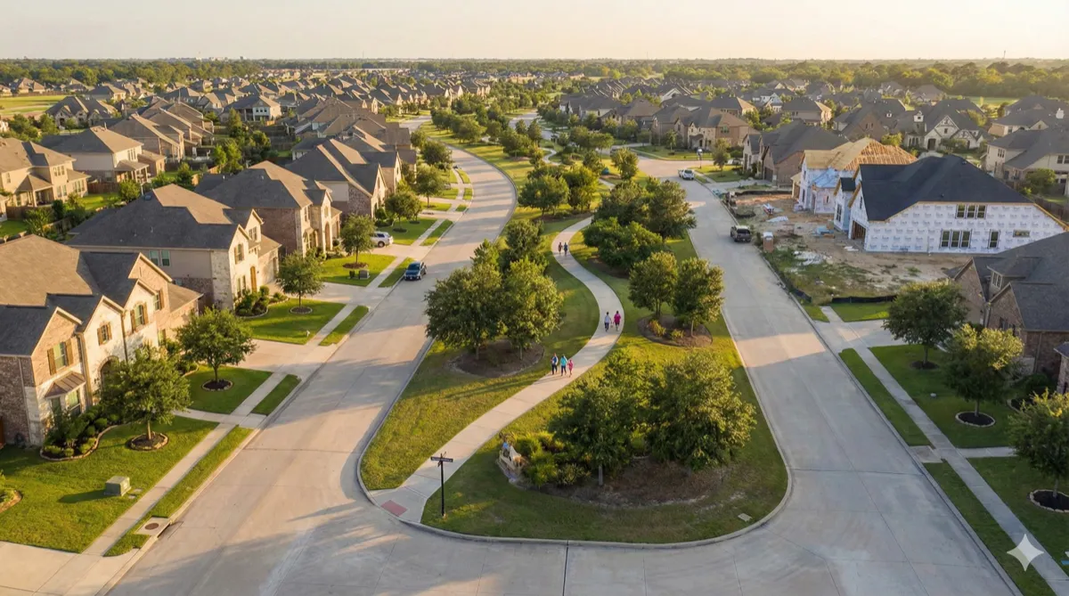 Aerial view of Cypress, Texas suburban subdivision with new homes