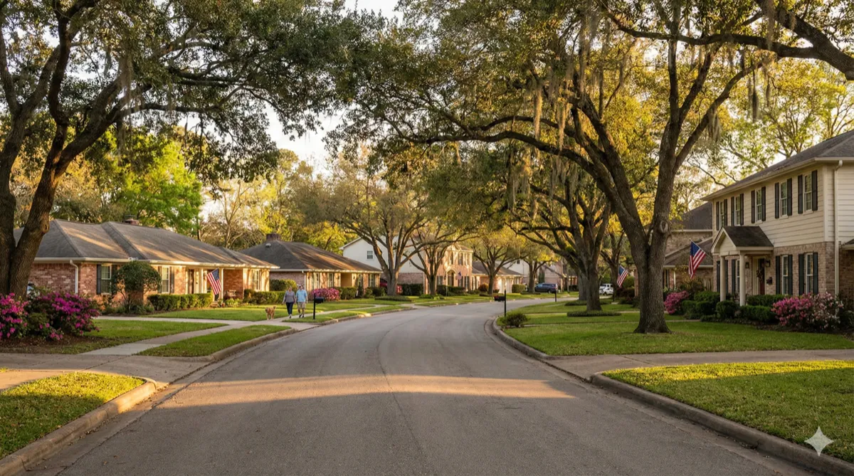 Friendswood, Texas tree-lined residential street with established homes