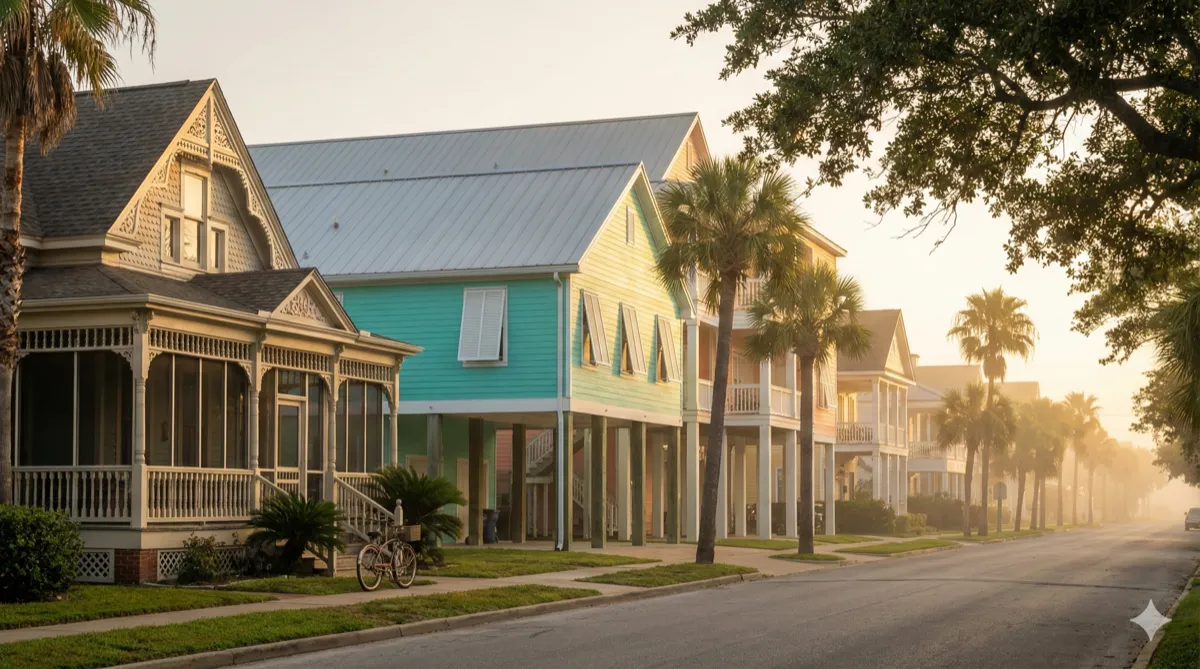 Galveston, Texas colorful Victorian homes with palm trees