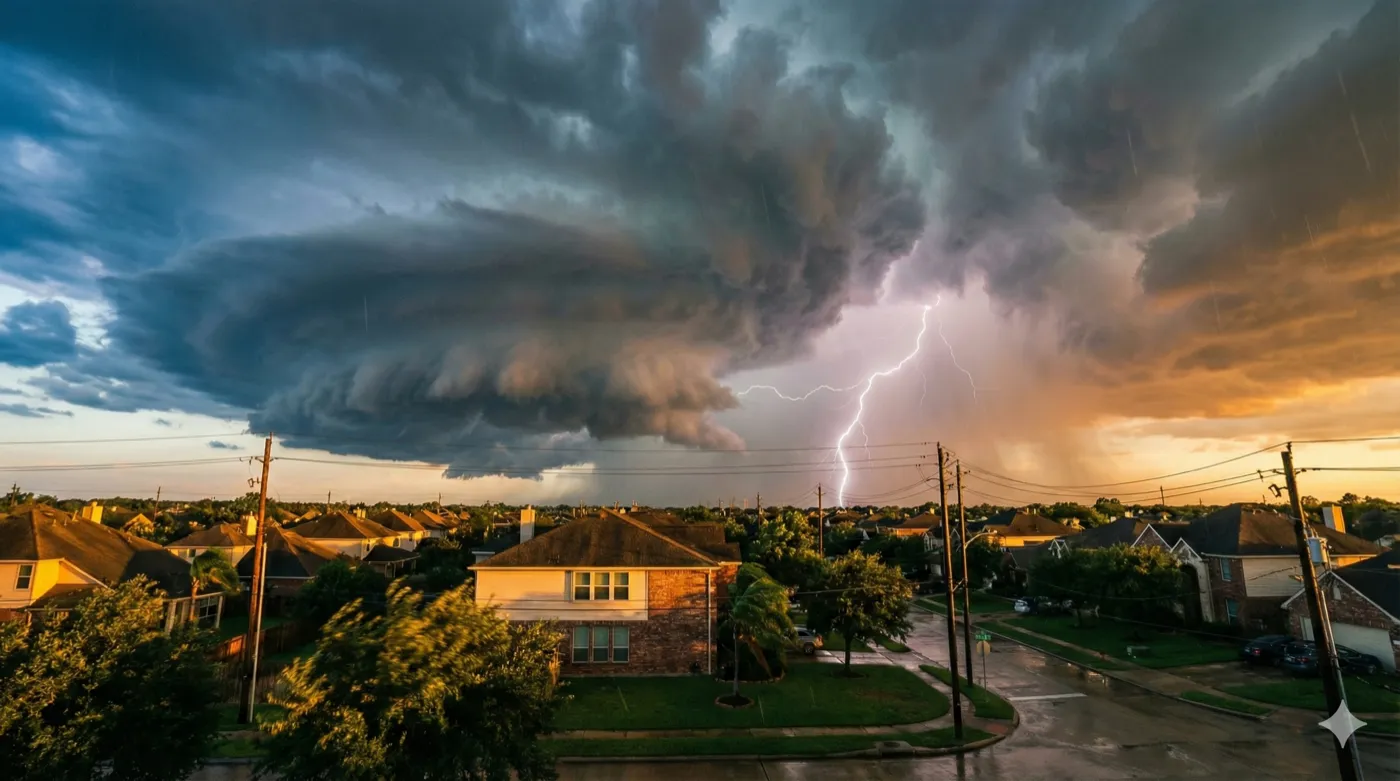 Severe thunderstorm with lightning striking over a Houston, Texas residential neighborhood