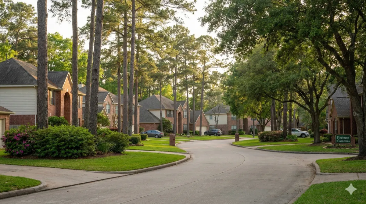 Humble, Texas brick homes neighborhood surrounded by pine trees