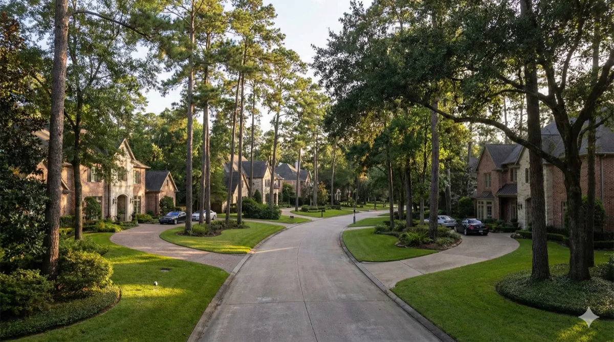 Memorial, Texas luxury estate homes on a wooded street