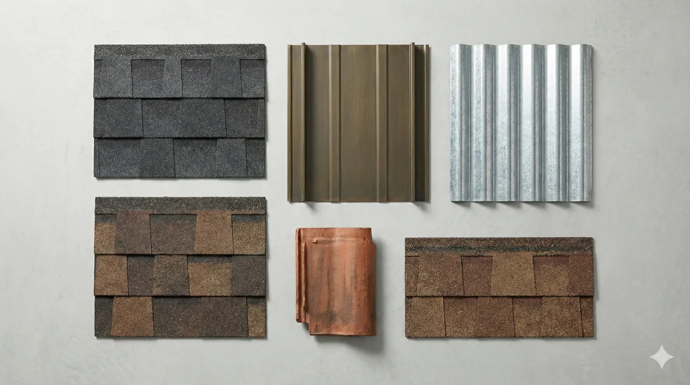 Roofing material samples including asphalt shingles, standing seam metal, corrugated metal, and clay tile