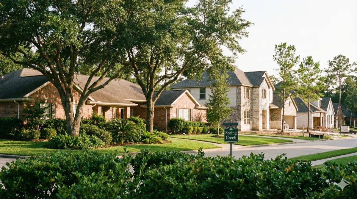 Spring, Texas suburban homes with mature shade trees