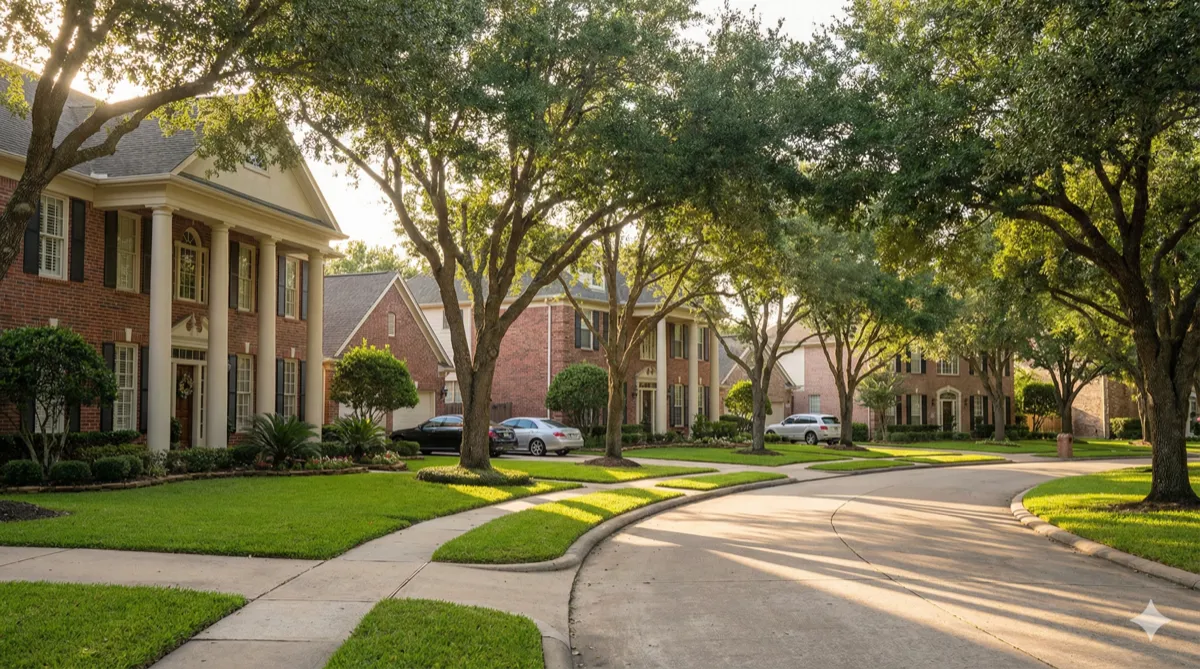 Sugar Land, Texas brick homes on a tree-canopied street