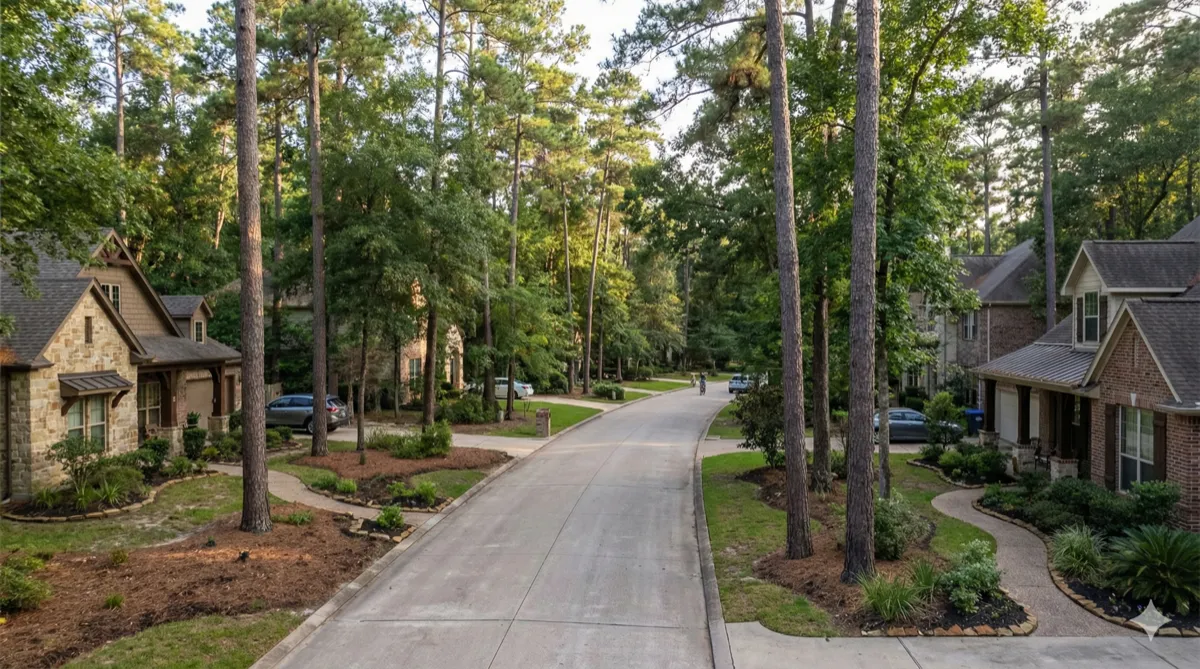 The Woodlands, Texas wooded neighborhood street with brick homes and tall pines