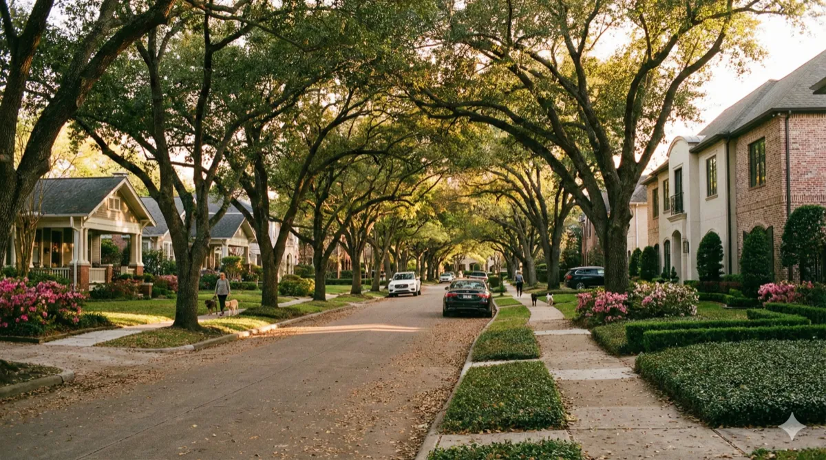 West University Place, Texas tree-canopied residential street with upscale homes